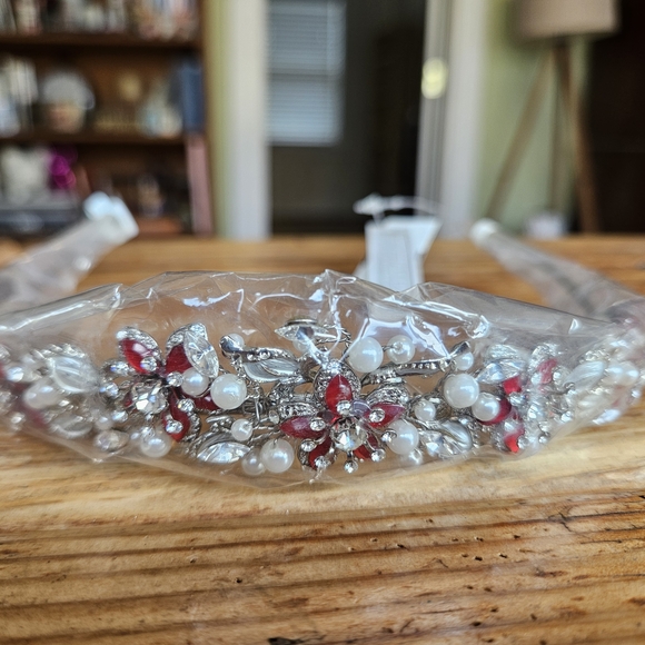 David\'s Bridal Silver and Red Floral Tiara NWT